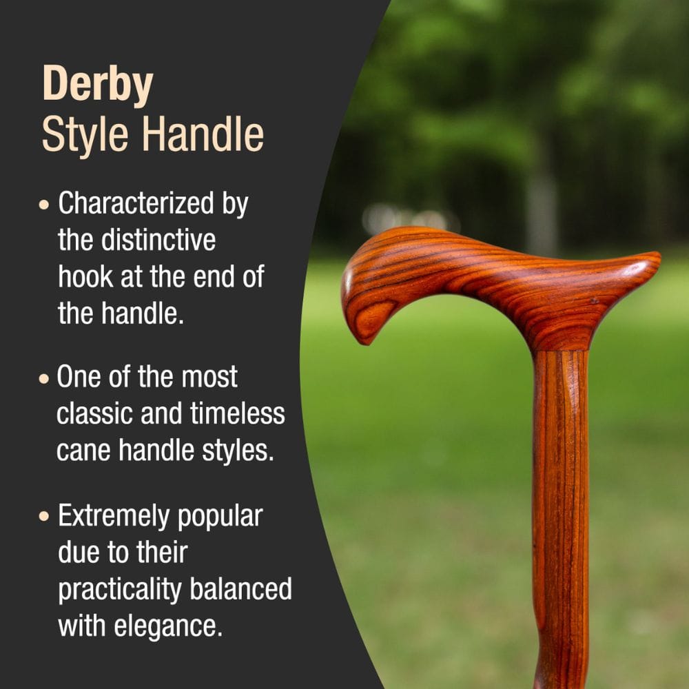 Wooden cane handle with text describing Derby style handle characteristics