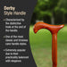 Wooden cane handle with text describing Derby style handle characteristics