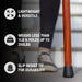 Wooden cane with text highlighting features on a blurred background
