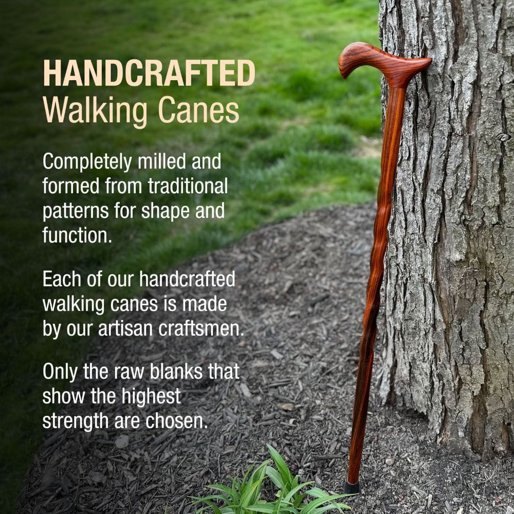 Handcrafted walking cane leaning against a tree with promotional text about its traditional craftsmanship.