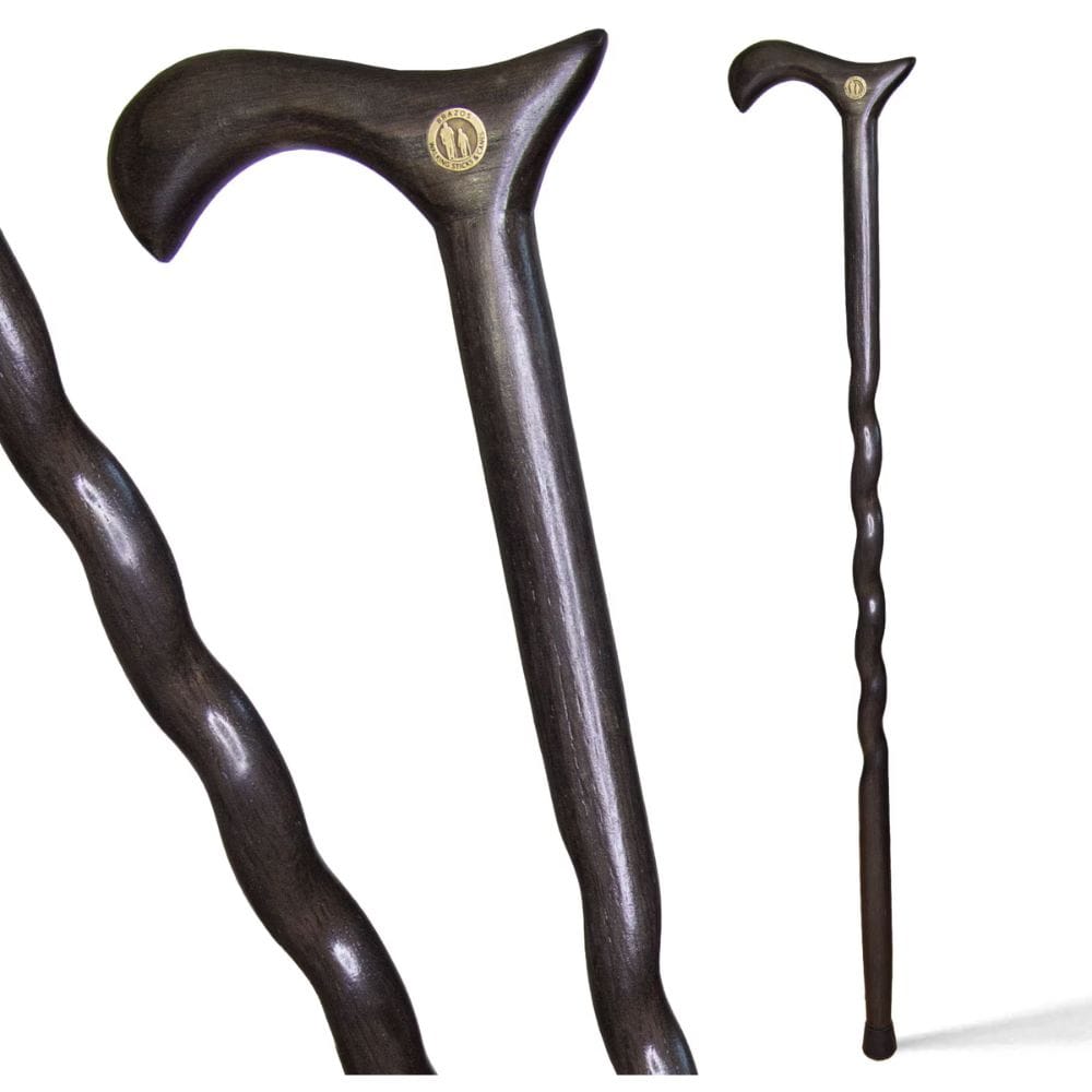 Two dark wooden walking canes on a white background