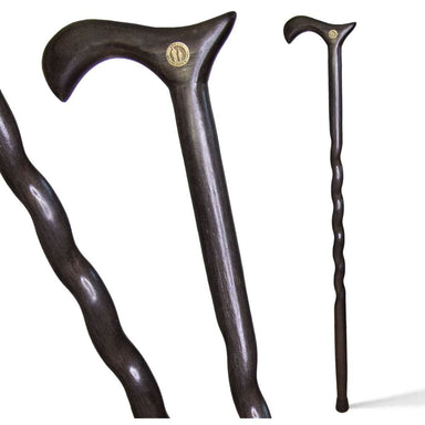 Two dark wooden walking canes on a white background