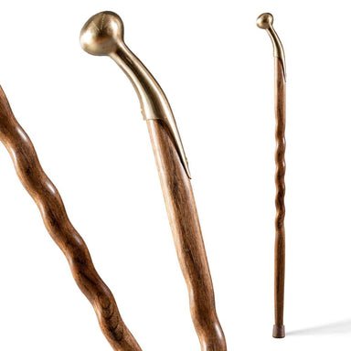 Two wooden walking sticks with brass handles on a white background