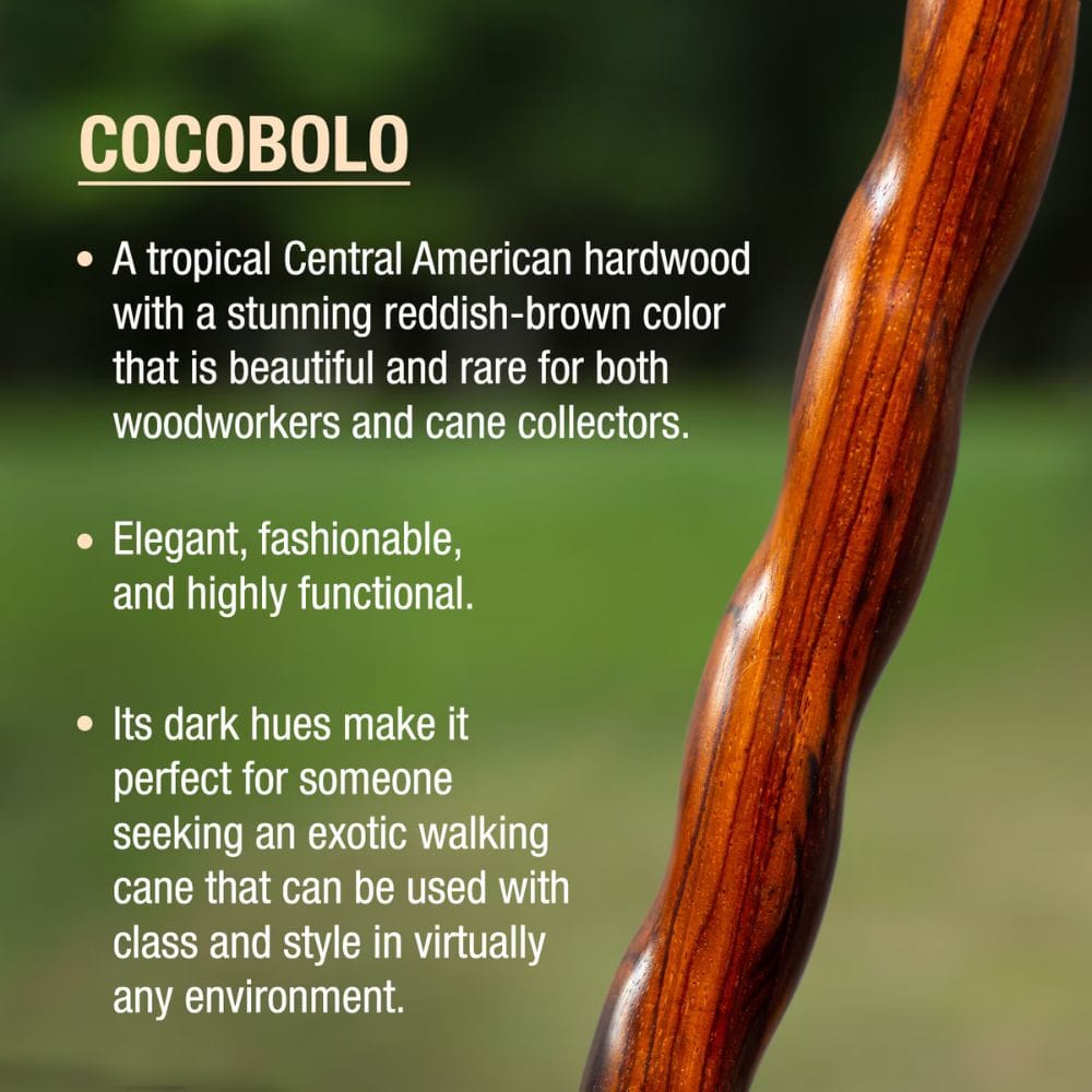 Cocobolo wood stick with descriptive text on a blurred green background