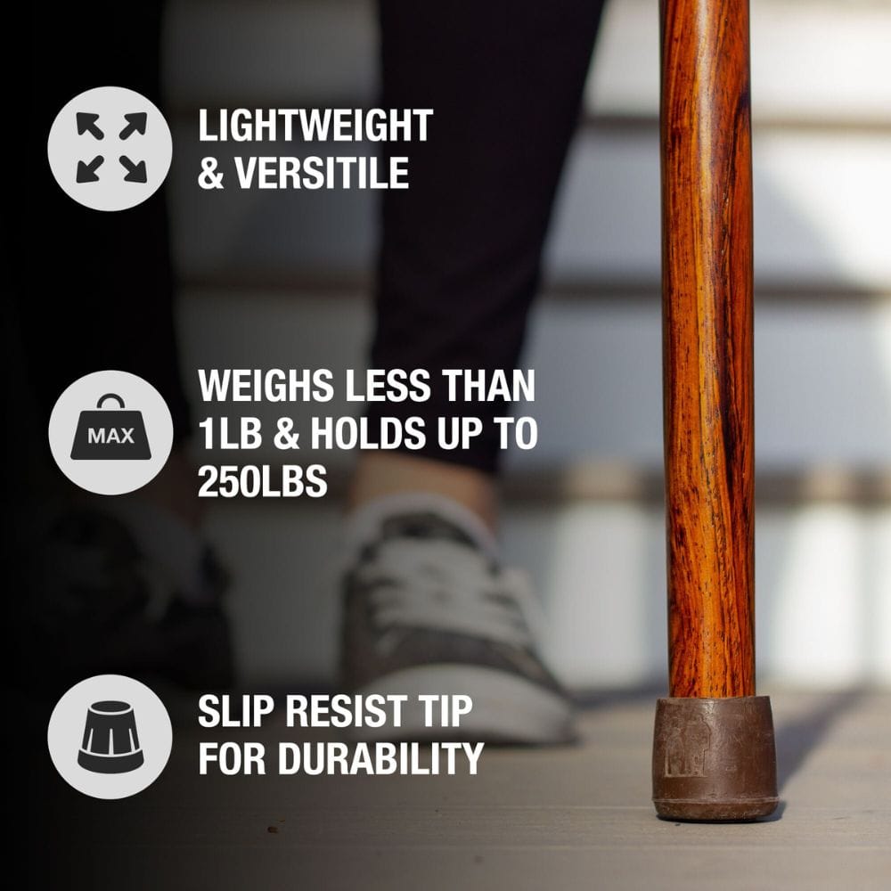 Wooden cane with text highlighting features on a blurred background