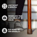 Wooden cane with text highlighting features on a blurred background