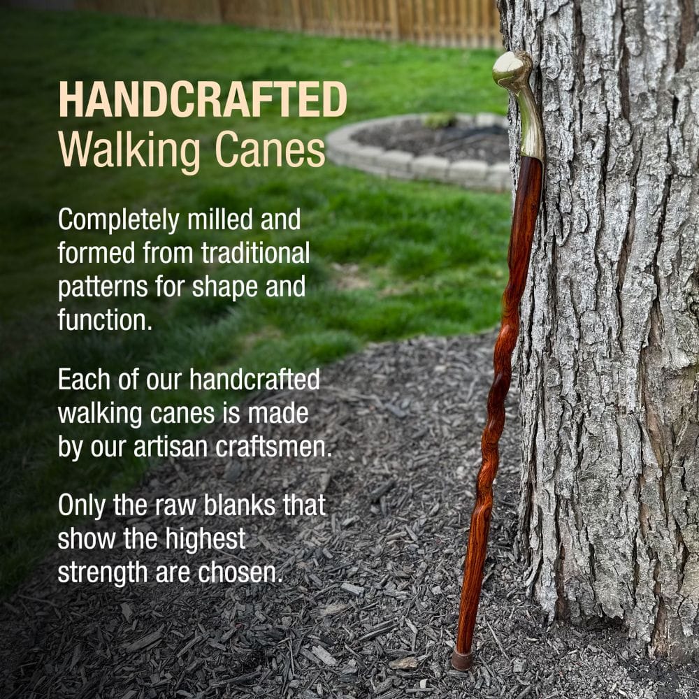 Handcrafted walking cane leaning against a tree with promotional text about the product.