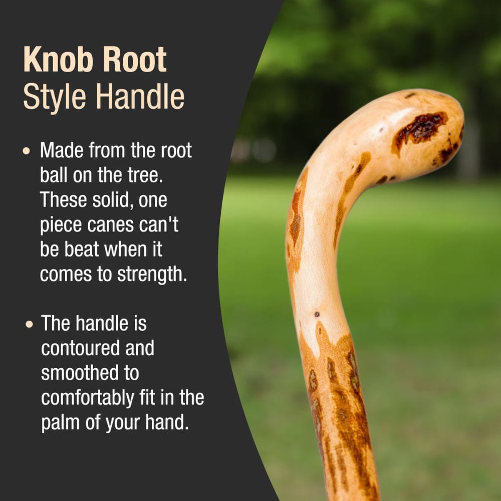 Knob root style handle with text about its material and design.