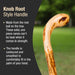 Knob root style handle with text about its material and design.
