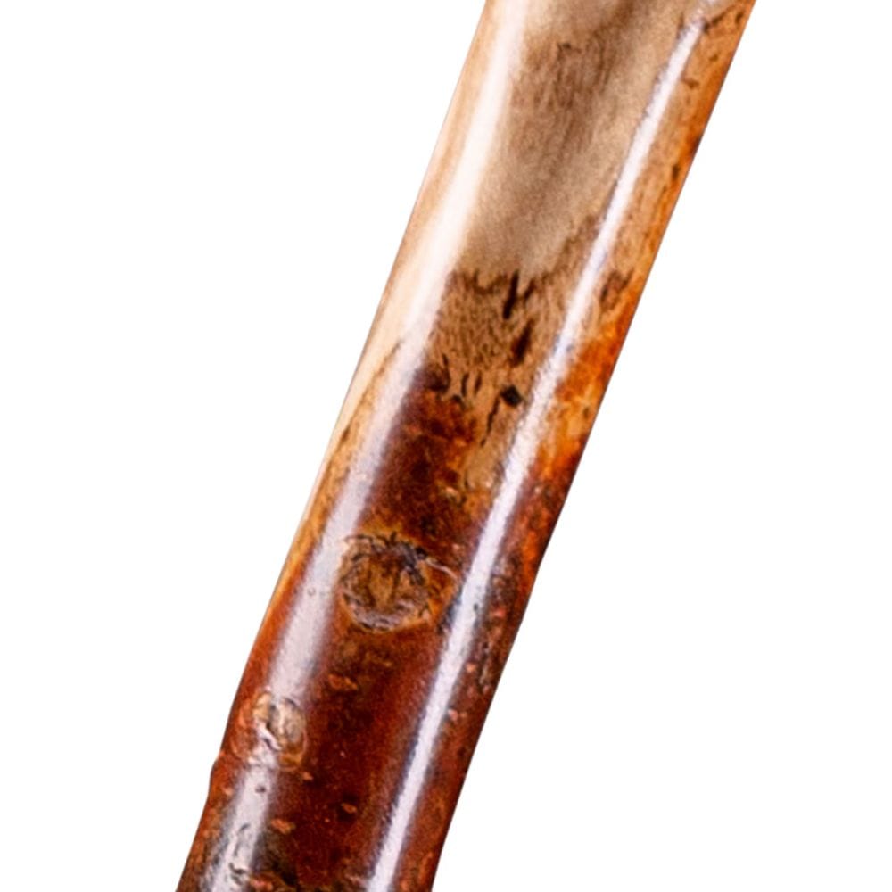 Close-up of a wooden cane handle on a white background