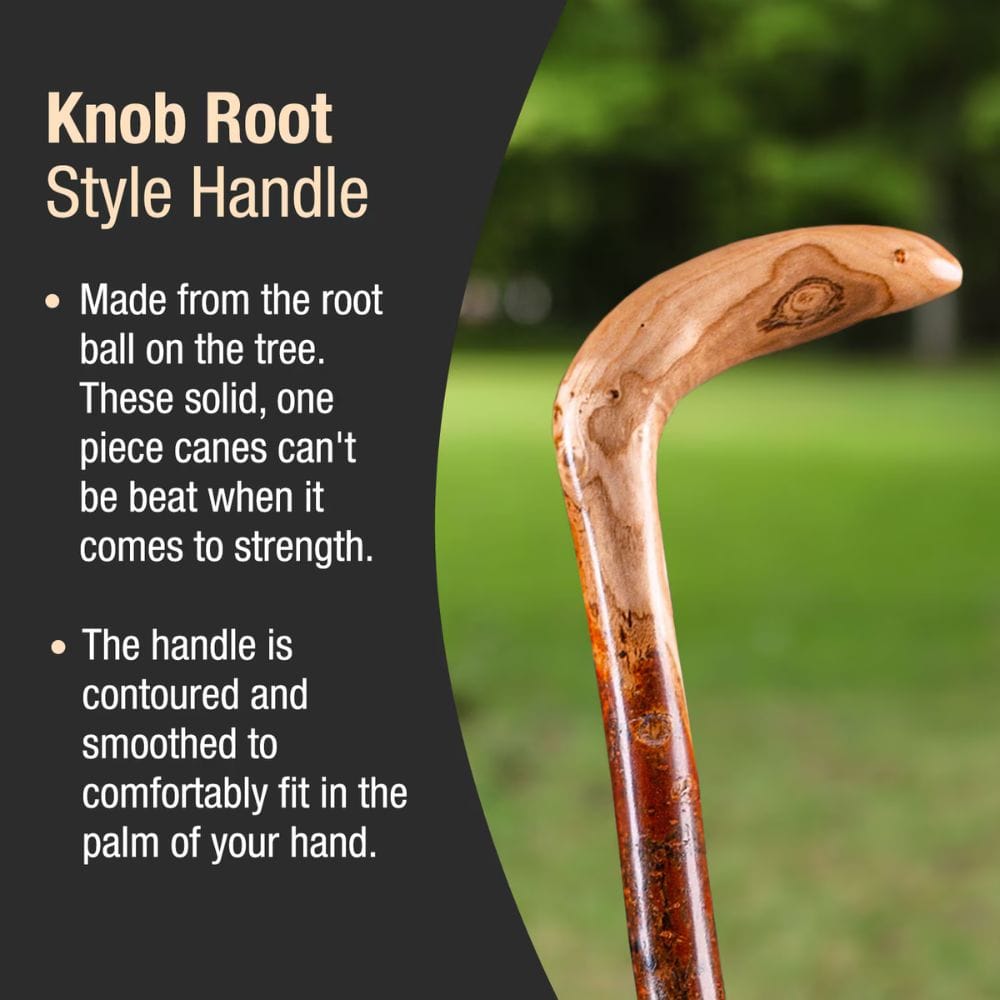 Wooden walking cane handle with text about knob root style handle