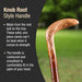 Wooden walking cane handle with text about knob root style handle