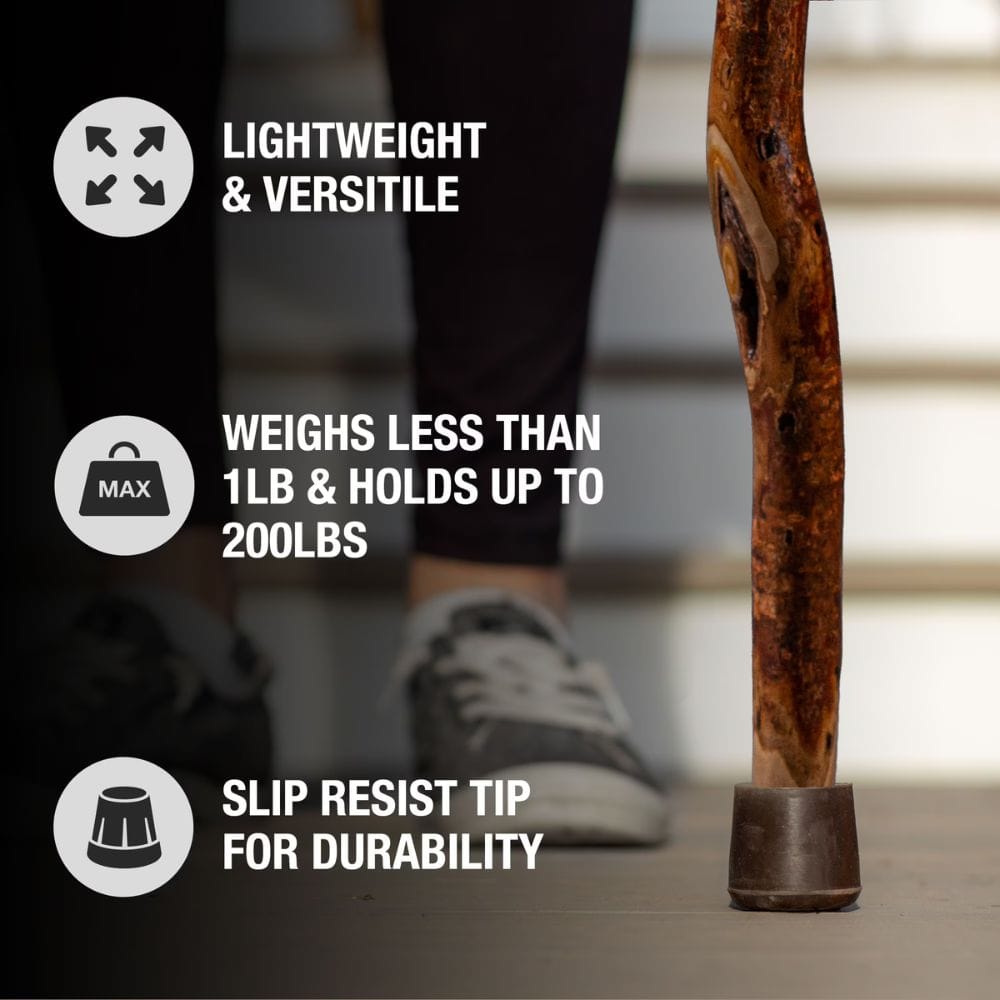 Wooden cane with text highlighting features on a blurred background