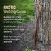 Rustic walking cane leaning against a tree with descriptive text about its features.