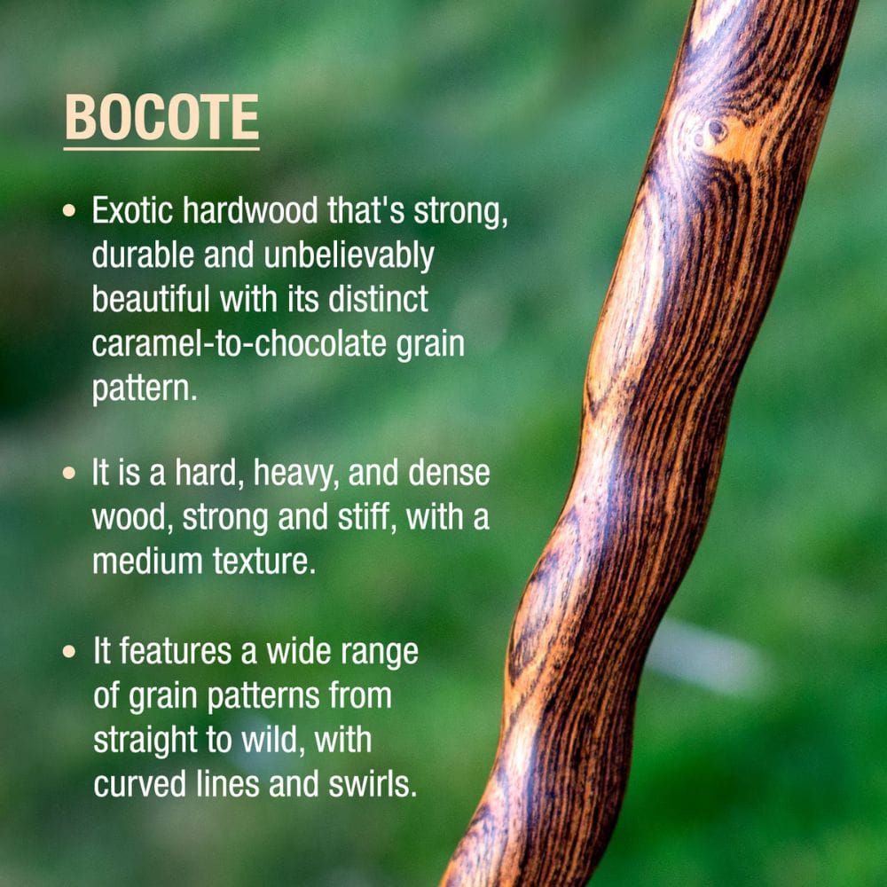 Exotic hardwood bocote with descriptive text on a blurred green background