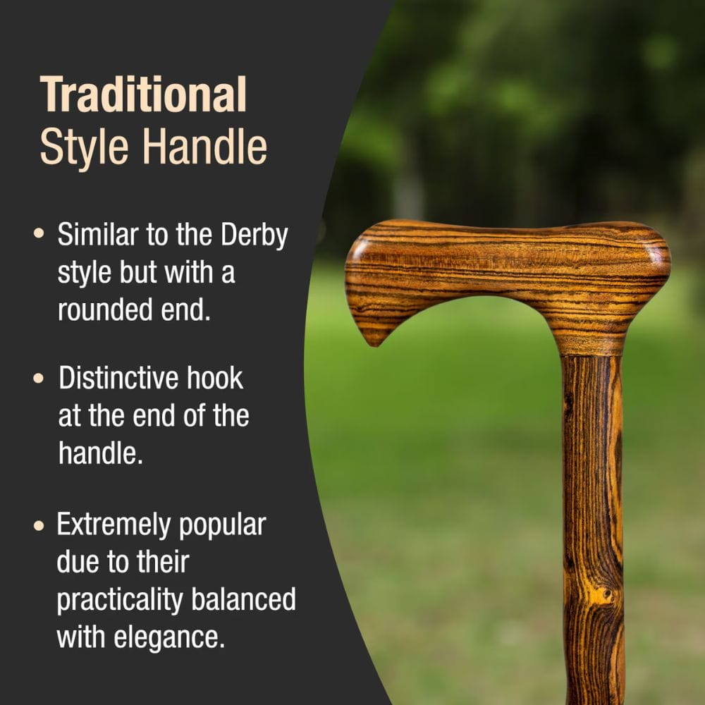 Wooden handle with text describing traditional style handle