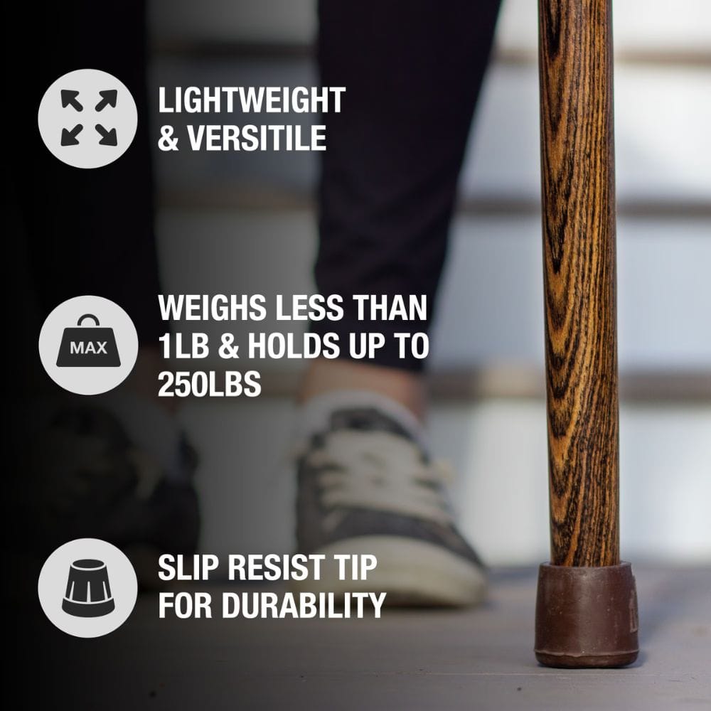 Wooden cane with text highlighting features on a blurred background