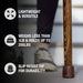 Wooden cane with text highlighting features on a blurred background
