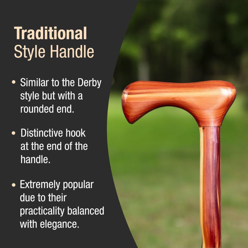 Wooden walking cane handle with text describing its features