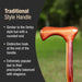 Wooden walking cane handle with text describing its features