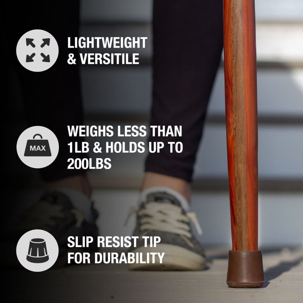 Wooden cane with text highlighting features on a blurred background