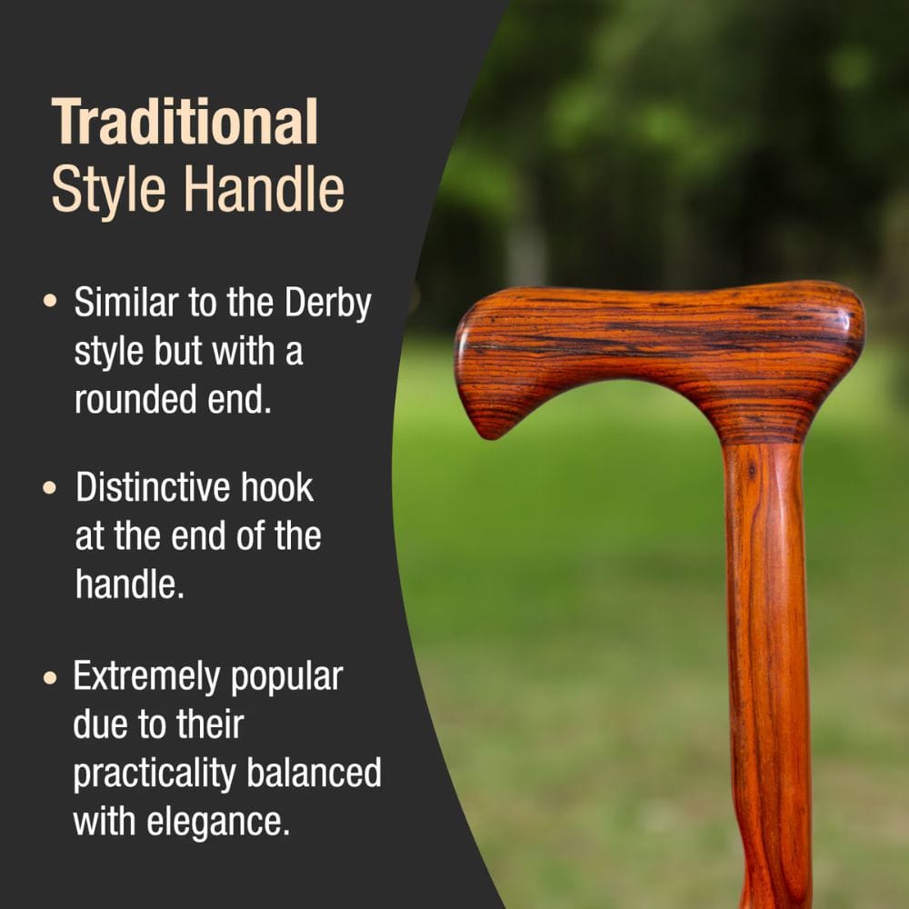 Wooden handle with rounded end and distinctive hook, set against a blurred green background.