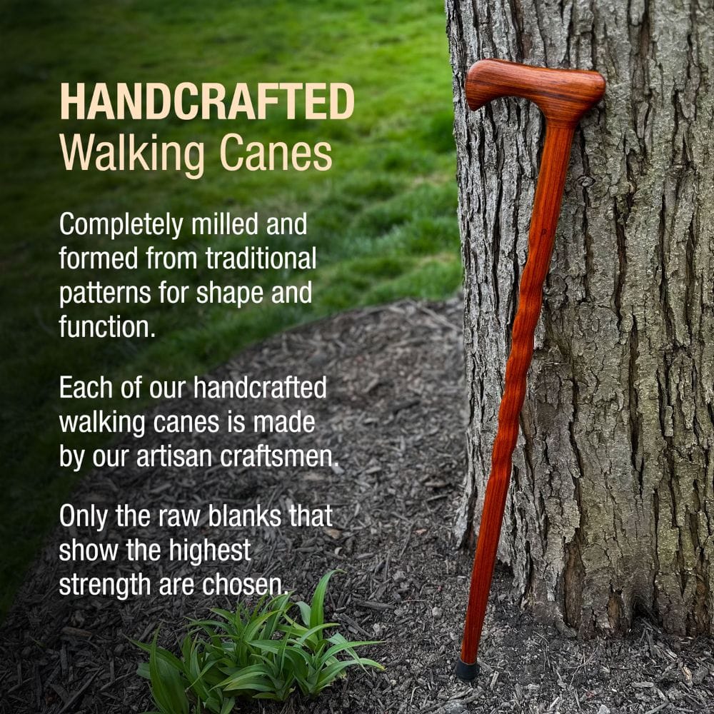 Handcrafted walking cane leaning against a tree with promotional text about its traditional craftsmanship.