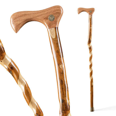 Wooden walking cane with a detailed handle on a white background