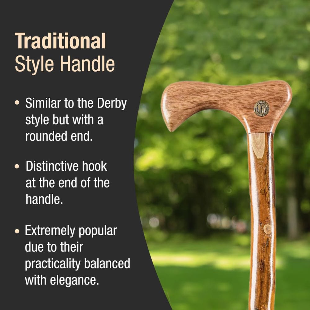 Wooden walking cane with a rounded handle and hook, set against a blurred green outdoor background.
