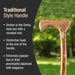 Wooden walking cane with a rounded handle and hook, set against a blurred green outdoor background.