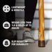 Wooden walking stick with text highlighting features on a blurred background