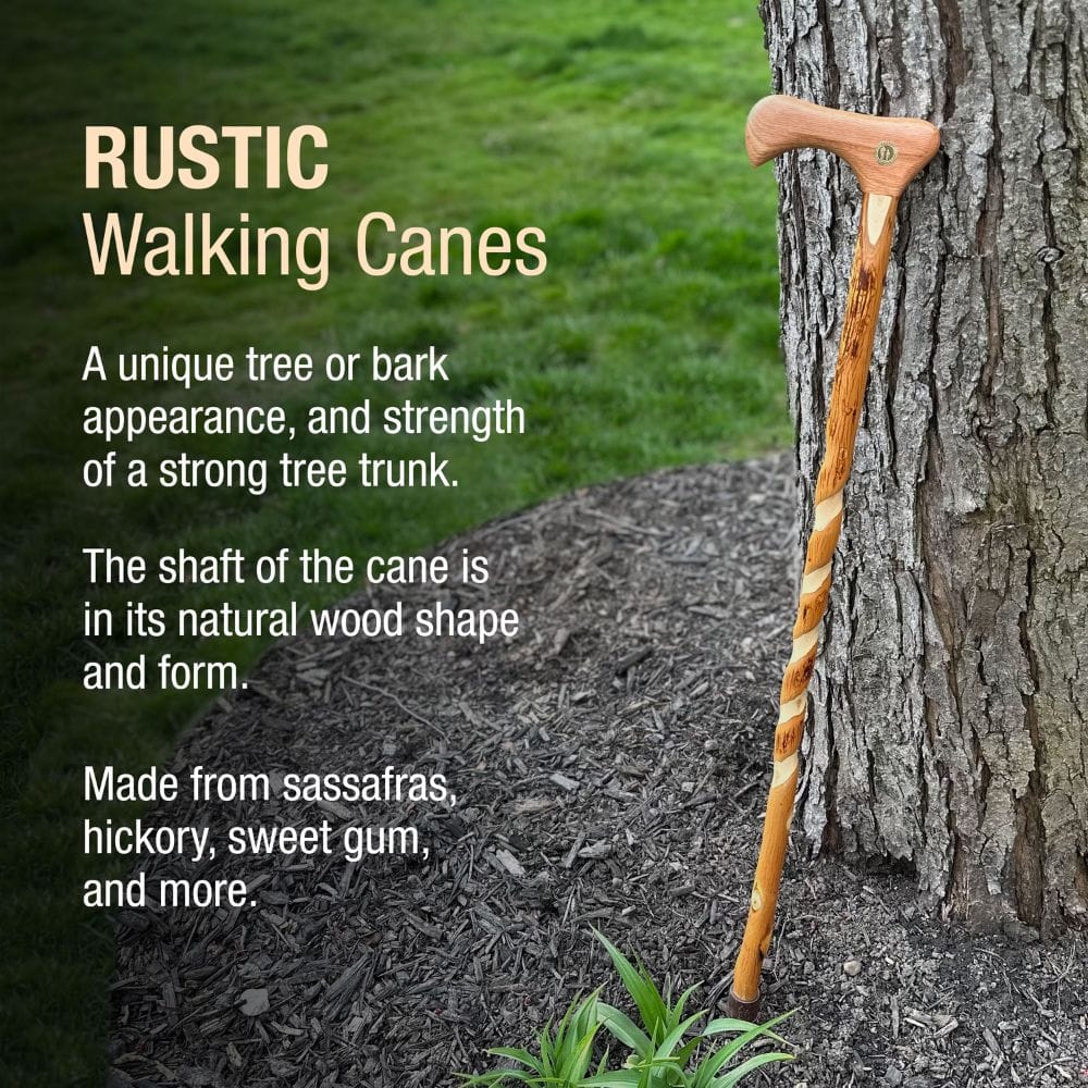 Rustic walking cane leaning against a tree with descriptive text about its features.