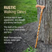 Rustic walking cane leaning against a tree with descriptive text about its features.