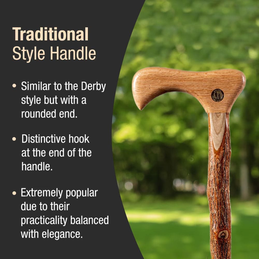 Wooden walking cane with rounded handle and hook, set against a blurred green outdoor background.
