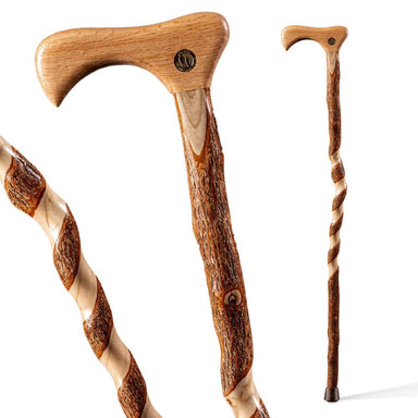 Two wooden walking sticks with twisted handles on a white background