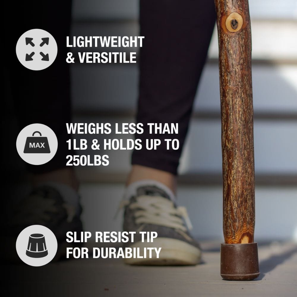 Wooden cane with text highlighting features on a blurred background