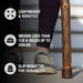 Wooden cane with text highlighting features on a blurred background