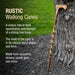 Rustic walking cane leaning against a tree with descriptive text about its features.