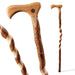 Two wooden walking sticks with twisted handles on a white background