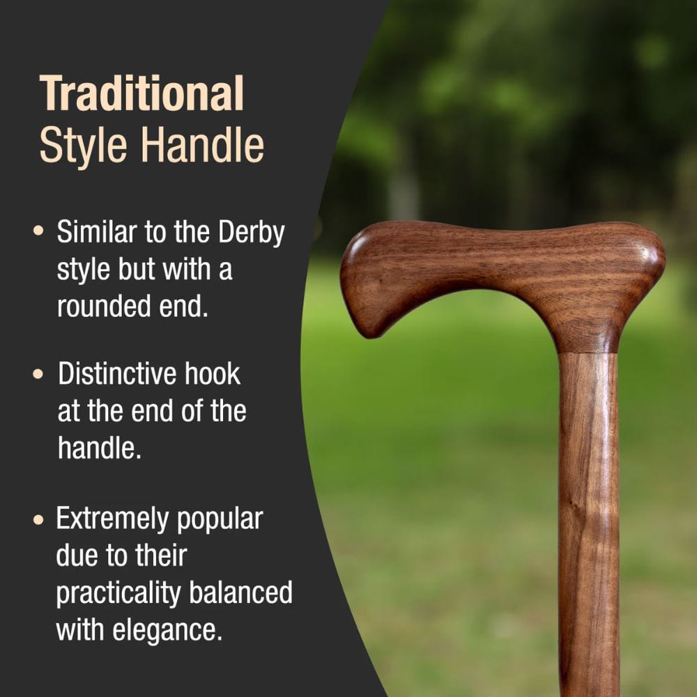 Wooden walking cane handle with text describing traditional style handle