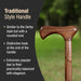 Wooden walking cane handle with text describing traditional style handle