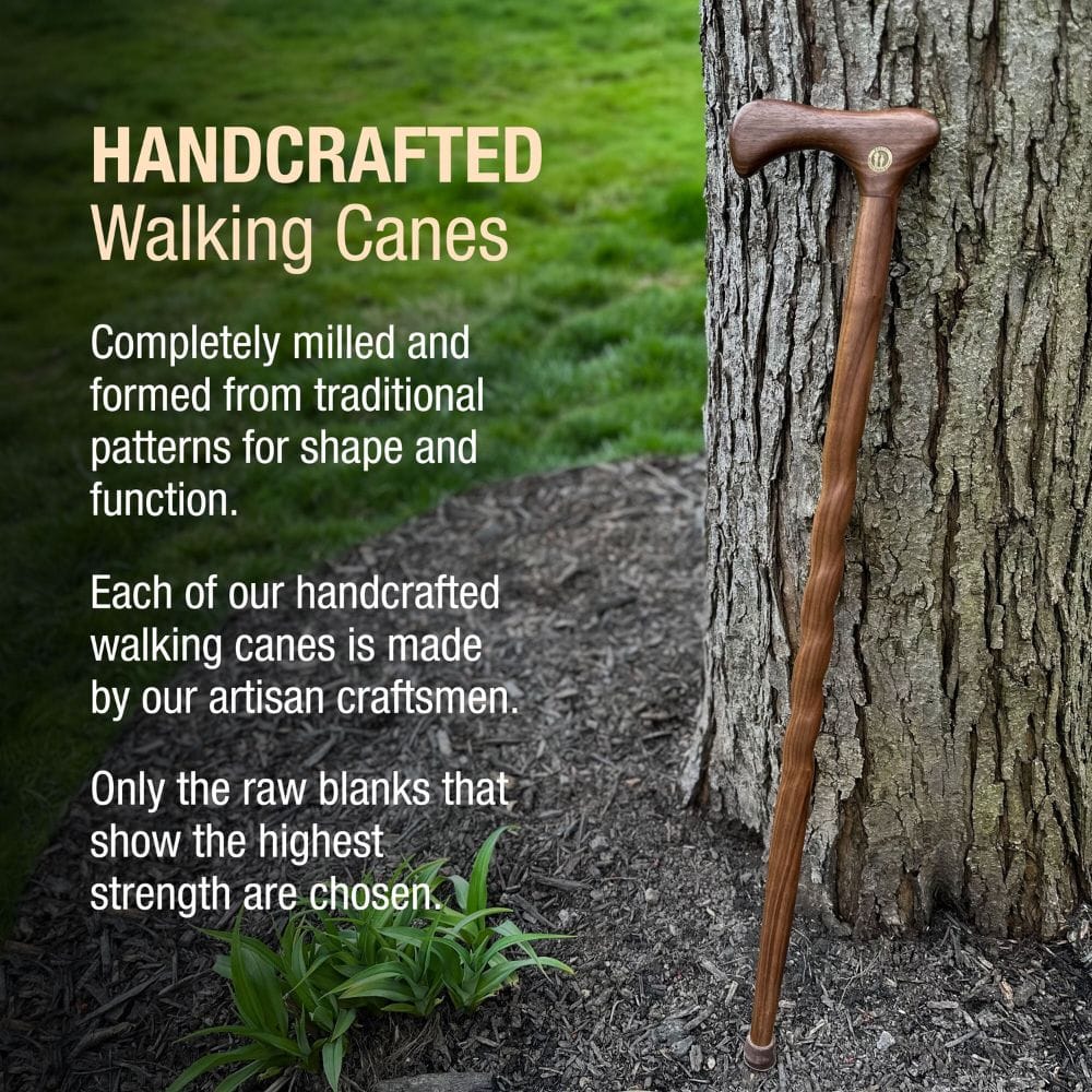 Handcrafted walking cane leaning against a tree with promotional text about its traditional craftsmanship.