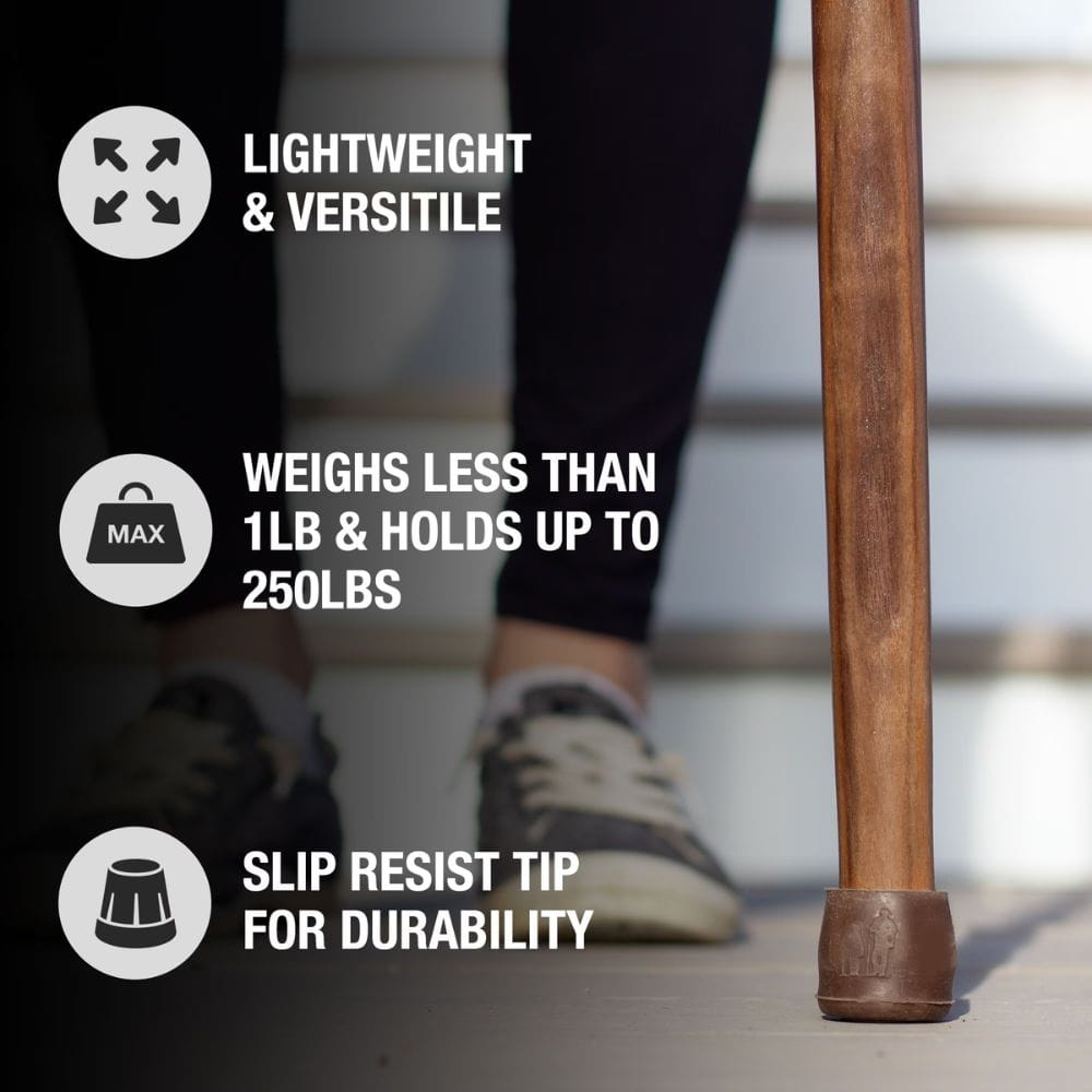 Wooden cane with text highlighting features on a blurred background