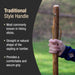 Hand holding a wooden hiking stick with text about traditional style handles.