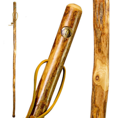 Wooden walking stick with a decorative emblem on a white background
