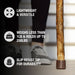 Wooden cane with text highlighting its features on a blurred background