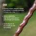 Close-up of an oak branch with text about oak wood properties on a blurred natural background.