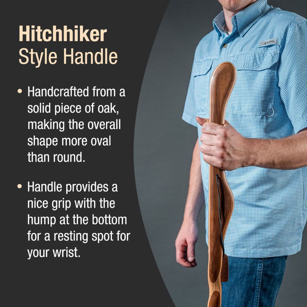 Person holding a wooden hiking stick with text describing its features on a dark background