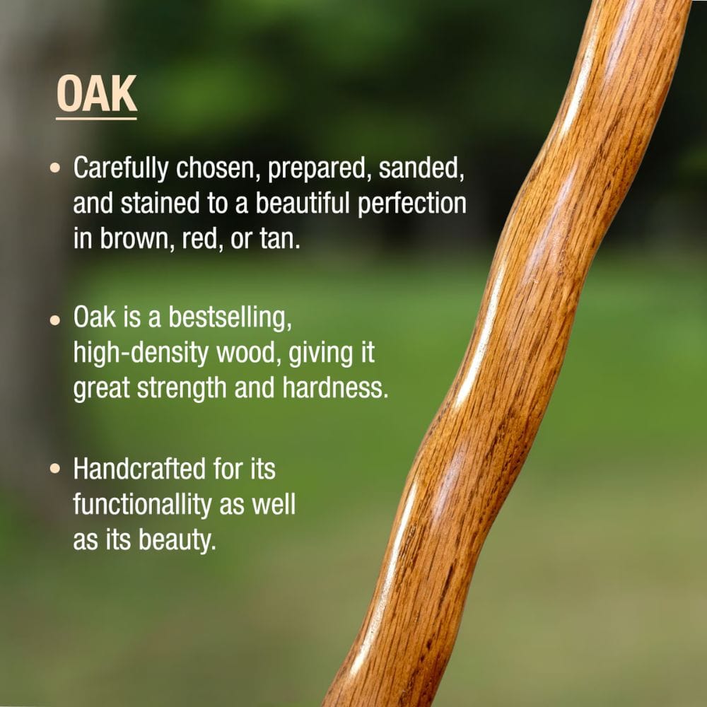 Close-up of a wooden branch with text about oak wood on a blurred natural background