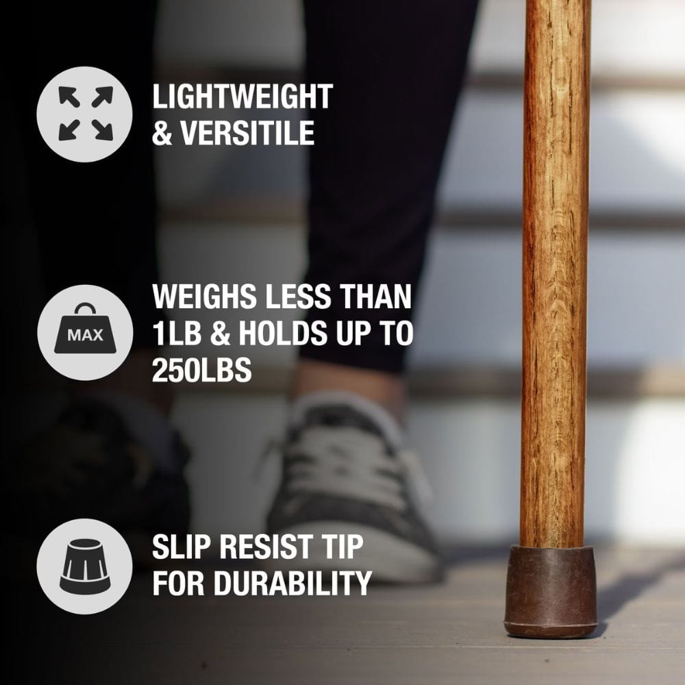 Wooden cane with text highlighting features like weight, durability, and versatility.